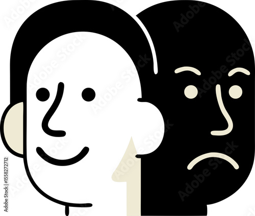 Conceptual illustration of a two-faced colleague. Business metaphor of conflicts at work, hypocrisy, and betrayal. Unhealthy relationships in the office and manipulation by superiors.
