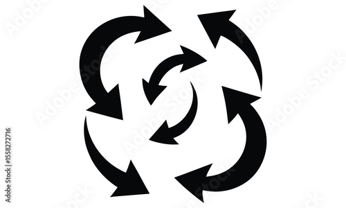 A circular arrangement of seven black arrows pointing inwards towards the center creating a dynamic and cyclical flow on a white background