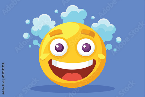 Huge surprise represented by a yellow smiley face with an amazed expression and bubbles surrounding it, showcasing joy and excitement in a vibrant blue background
