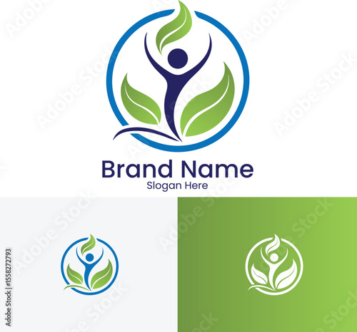Abstract human figure with leaves inside a blue circle logo for health and wellness