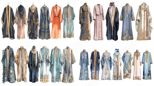 Elegant abaya dress collection with intricate patterns, textures, and flowing fabrics in soft tones—ideal for fashion catalog, modestwear, or cultural apparel themes.

