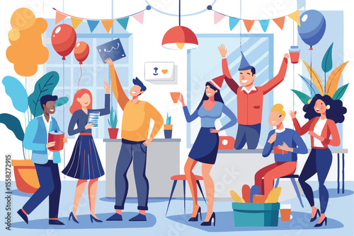 People enjoying a lively celebration in a festive indoor setting with joyful expressions, colorful decorations, and cheerful activities