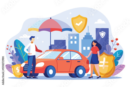 Understanding vehicle insurance with a flat illustration showing a couple discussing their policy options near a car in a city environment