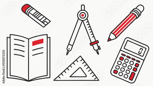 Illustration showing a pencil, eraser, open book, compass, triangle ruler, and calculator on a white background