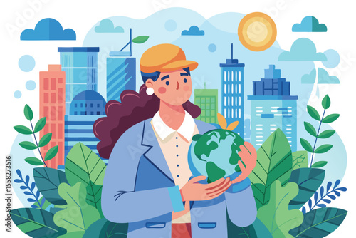 Environmental engineer promotes sustainability by holding globe surrounded by greenery and city skyline