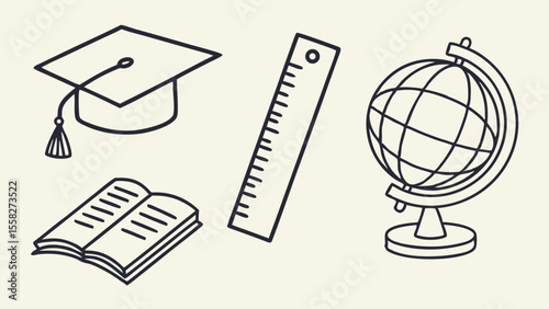 Illustration of graduation cap, open book, ruler, and globe representing education and learning tools