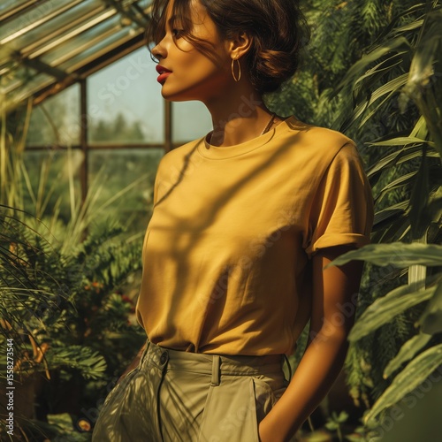 Fashion mockup of diverse female model in burnt yellow oversized t-shirt in tropical greenhouse, Ai generate