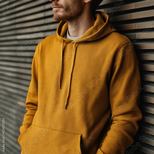 Fashion mockup of diverse male model in burnt yellow hoodie beside wooden slatted wall, Ai generate