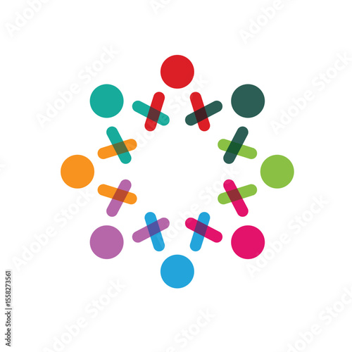 Colorful figures form circle celebrating unity and togetherness.