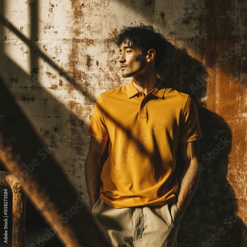 Fashion mockup of diverse male model in burnt yellow polo shirt on industrial stairs, Ai generate