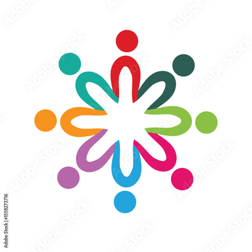 Colorful figures form circle celebrating unity and togetherness.