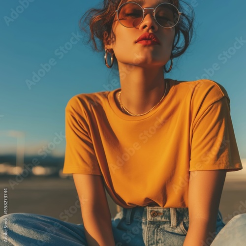 Fashion mockup of diverse female model in mustard crop t-shirt on urban rooftop, Ai generate