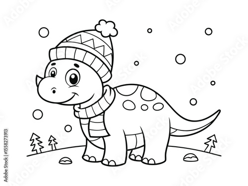 Coloring pages Christmas for kids. Cute dinosaur. Cute dinosaur wearing Santa hat and scarf by Christmas tree