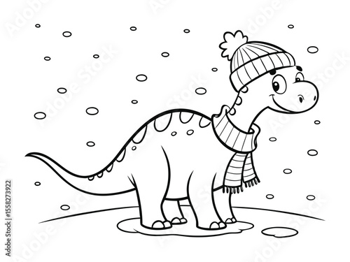 Coloring pages Christmas for kids. Cute dinosaur. Cute dinosaur wearing Santa hat and scarf by Christmas tree