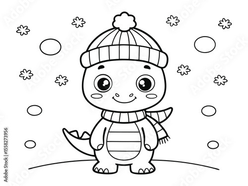 Coloring pages Christmas for kids. Cute dinosaur. Cute dinosaur wearing Santa hat and scarf by Christmas tree