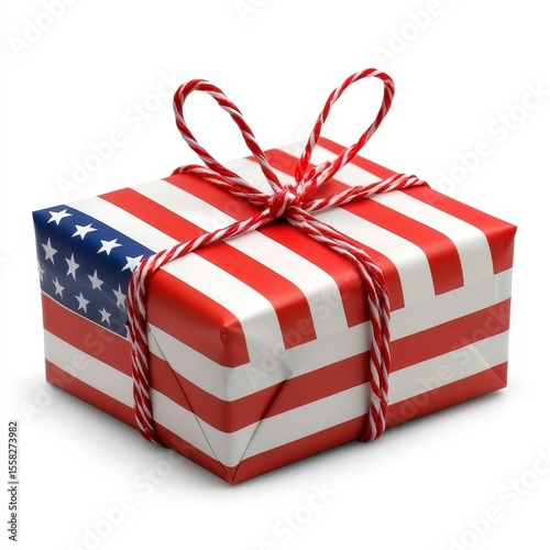 Wallpaper Mural A wrapped gift box with the American flag pattern on it tied with a red ribbon. Patriotic present elegantly adorned a decorative red bow showcasing a vibrant star spangled design. Torontodigital.ca