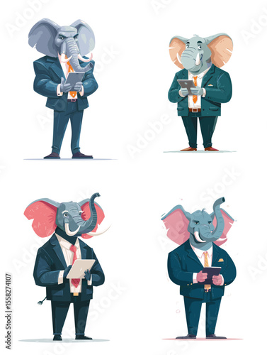 Professional cartoon elephants in suits holding devices and documents—ideal for business, leadership, and corporate branding illustrations with a playful twist.

