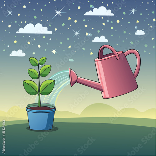 A watering can sprinkling stars onto a growing dream plant – nurturing imagination.
