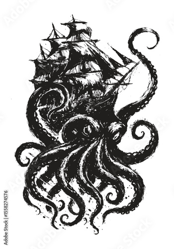 Dark ink illustration of a giant octopus attacking a pirate ship, evoking mythological sea monster tales in vintage style.