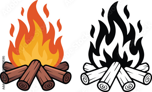 Campfire with flames and wood vector drawing