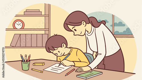Illustration of a mother helping her son with homework at a desk with books and pencils nearby at home