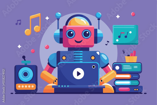 Robot creates music in a vibrant setting, showcasing creativity through technology with notes and instruments