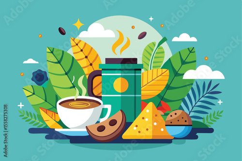 Enjoying a relaxing coffee break with delicious treats amidst vibrant leaves and serene nature in a cozy setting
