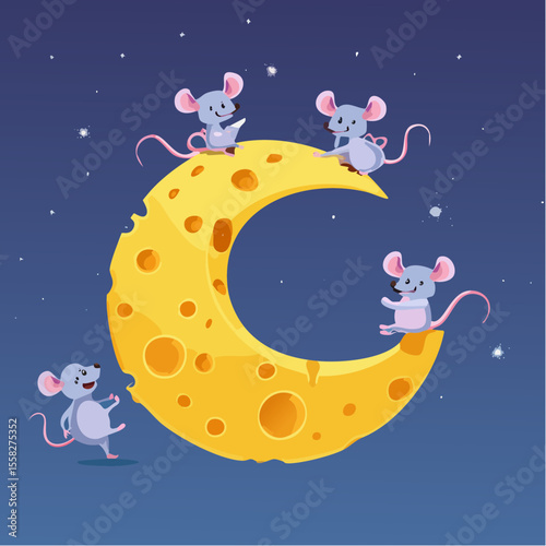 A moon made of cheese being nibbled by smiling mice astronauts – playful science.
