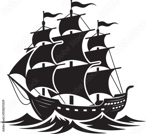 Pirate ship sailing black and white vector illustration