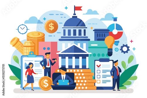 Financial illustration depicting lawyers collaborating with the public in a law and finance environment, showcasing strategic discussions and planning initiatives