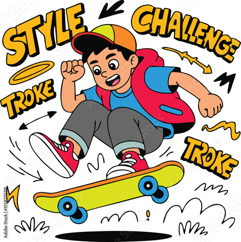 Cartoon boy doing skateboard trick graffiti vector