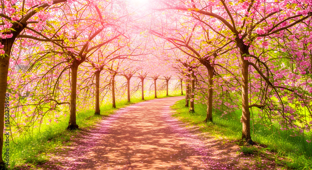 Naklejka premium Tranquil pathway beneath flowering cherry trees creating a stunning spring blossom canopy over a sunlit rural road.