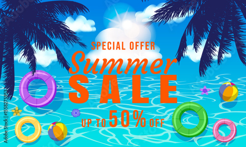 Summer Sale banner template. Swimming pool, blue water ocean, swim ring, tropical palms, sun top view