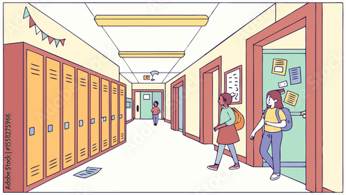 Illustration of school hallway with lockers, students, doors, and overhead lighting fixture design
