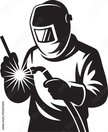 Welder in protective suit holding torch vector art