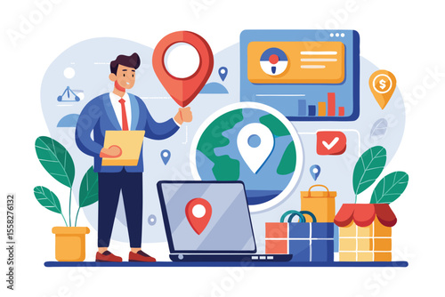 Local SEO strategies for businesses with map markers and virtual representations of store locations in a digital environment