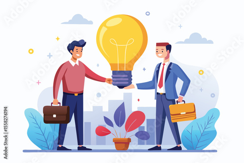 Men shaking hands while holding an oversized light bulb in a modern office setting showcasing a moment of collaboration and brainstorming