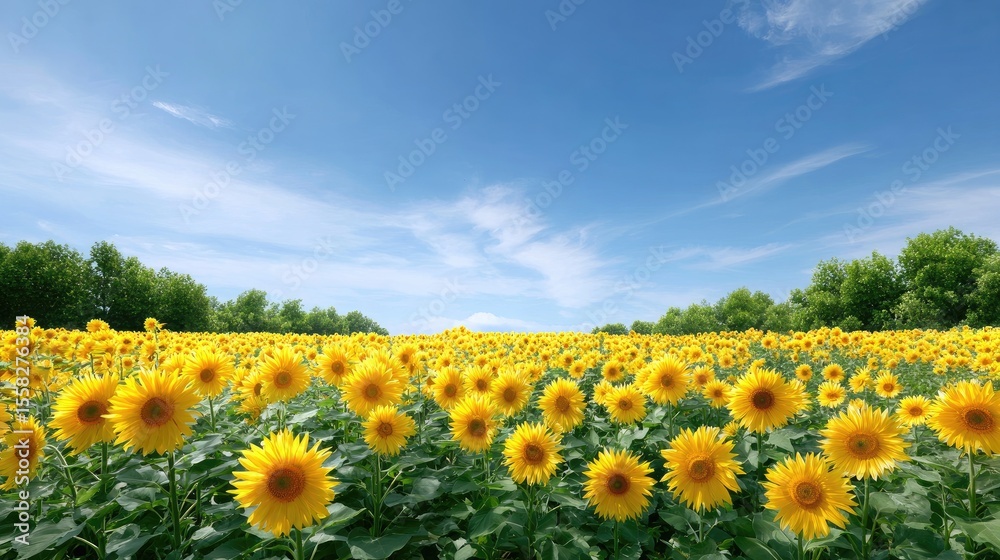 Fototapeta premium Vast sunflower field with rows of yellow blooms under sunny summer sky