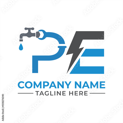 Modern Plumbing and Electrical Services Logo Design with Letter PE, Symbolizing Water and Power Solutions in a Unique Way