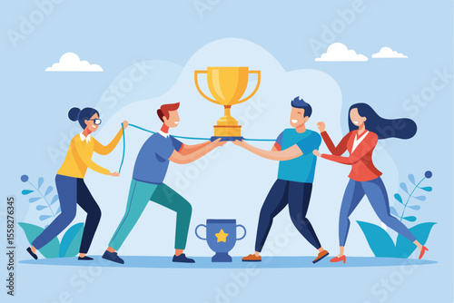 Team members celebrating success in a competition with a trophy in a vibrant flat design illustration