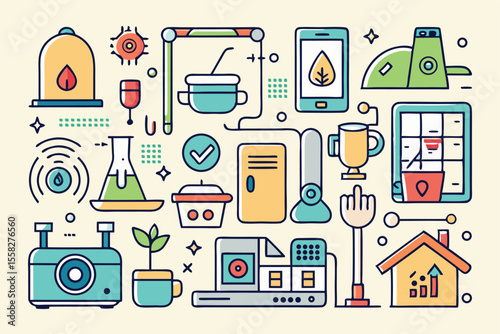 Collection of line icons showcasing various household appliances and devices used for daily tasks, featuring different styles and functions in a visually appealing layout for easy reference
