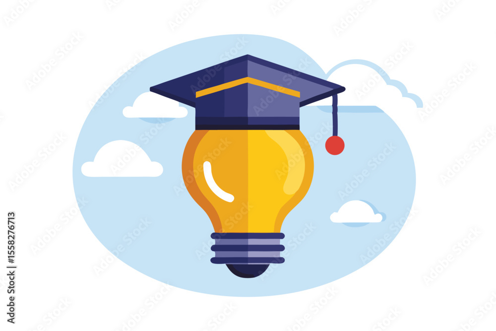 Creative light bulb wearing academic mortarboard hat symbolizes the fusion of education and bright ideas in a colorful setting with clouds