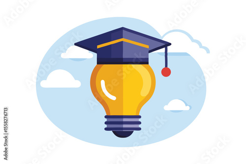 Creative light bulb wearing academic mortarboard hat symbolizes the fusion of education and bright ideas in a colorful setting with clouds