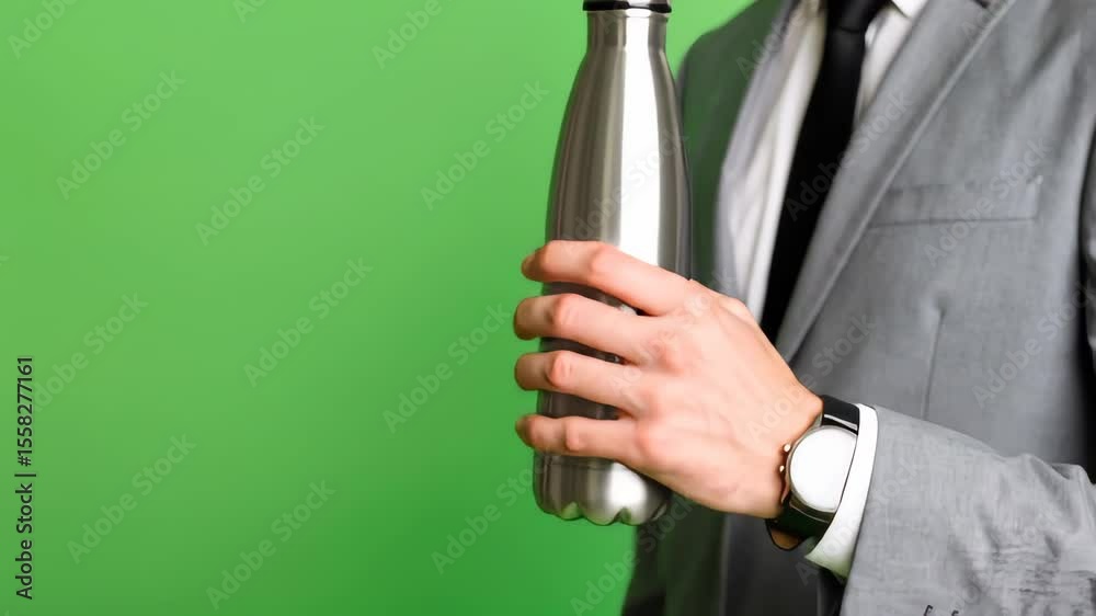 Businessman in Suit Holding Stainless Steel Water Bottle Against Green Screen Backdrop