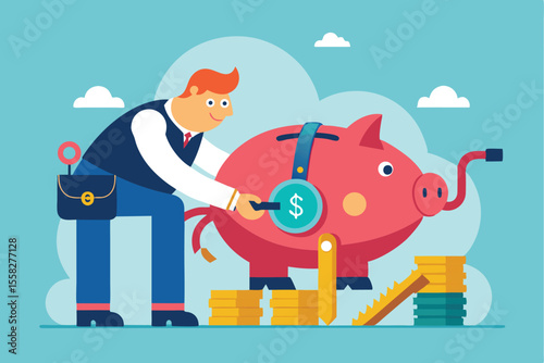 Crisis leads to dangerous investment decisions as hand puts coin into piggy bank while surrounded by gold coins and markers for future growth