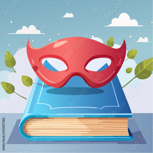 A superhero mask resting on a storybook – stories inspire bravery.
