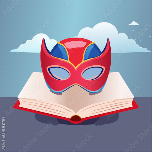 A superhero mask resting on a storybook – stories inspire bravery.
