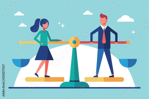 Business balance is crucial for success as two professionals engage in a seesaw activity representing cooperation and teamwork dynamics in a modern environment