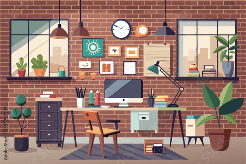 Creative office interior showcasing a loft space with vintage elements and modern workspace arrangement during daylight hours
