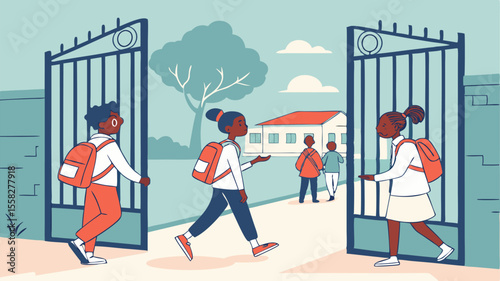 Illustration of students with backpacks entering school through gates with building and tree in background